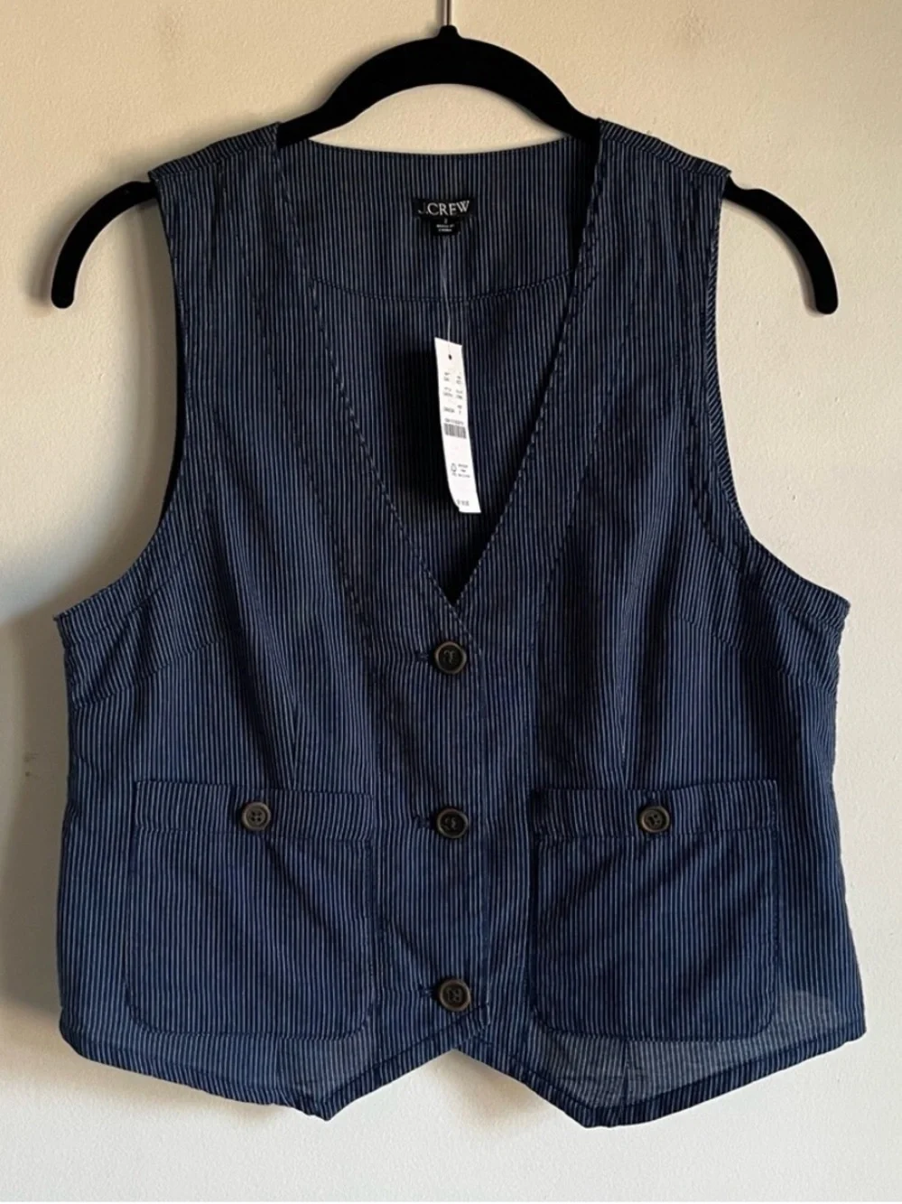 NWT JCrew Patch Pocket Vest Indigo Railroad Stripe Size 2 Navy Ivory $118 CA554